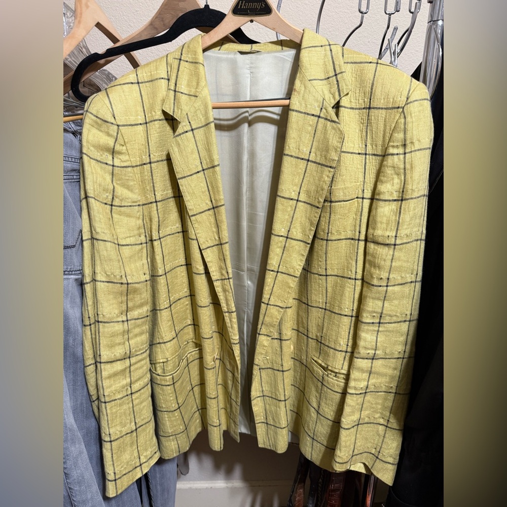 Vintage Umberto Ginocchietto Linen Yellow Plaid Men's Lightweight Blazer